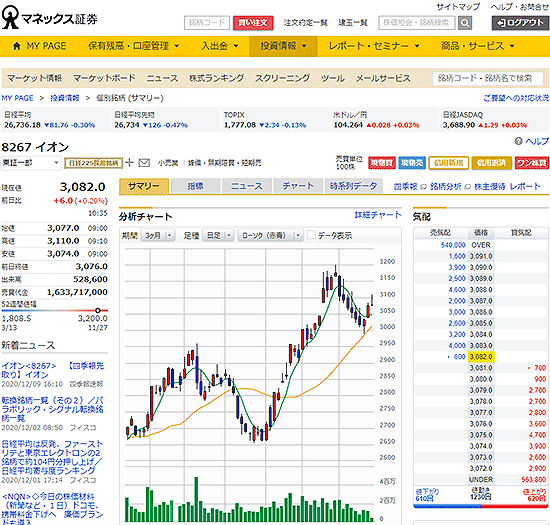 マネックス証券のイオン株の詳細画面