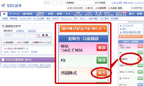 SBI証券の外国株取引のページへ