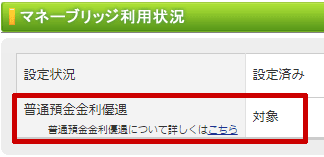 マネーブリッジの画面で「普通預金金利優遇」のところが「対象」になっていれば優遇金利が適用されています